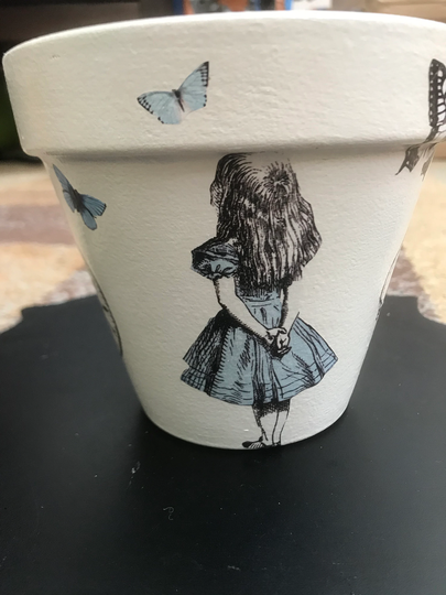 Alice in Wonderland Plant Pot, White Rabbit , Gifts Decoupaged Pots , Unique