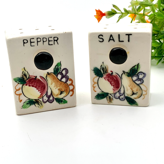 Vintage Porcelain Wood Rack Salt & Pepper Shakers Hand Painted Fruit Motif Japan My40Yearcollection