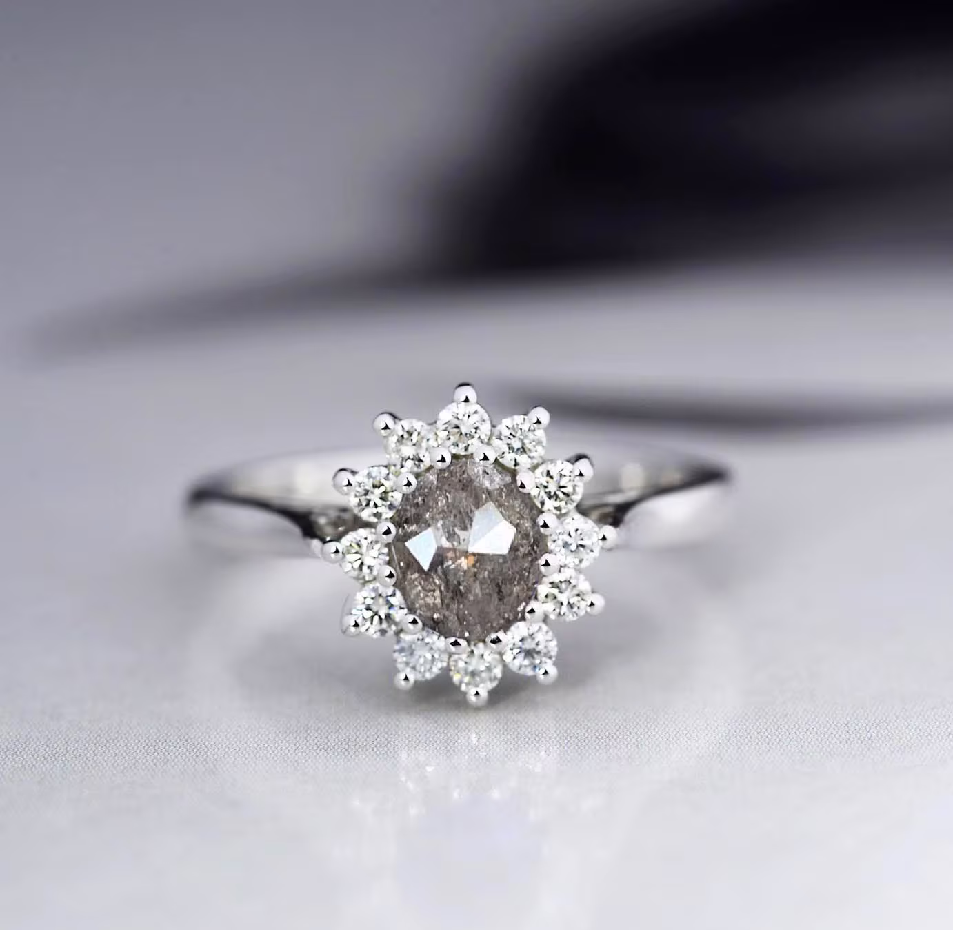 Oval Salt & Pepper Diamond Engagement Cluster Ring in 9K/14K/ 18K Gold Or Platinum | 7x5mm Grey Bridal Promise For Her