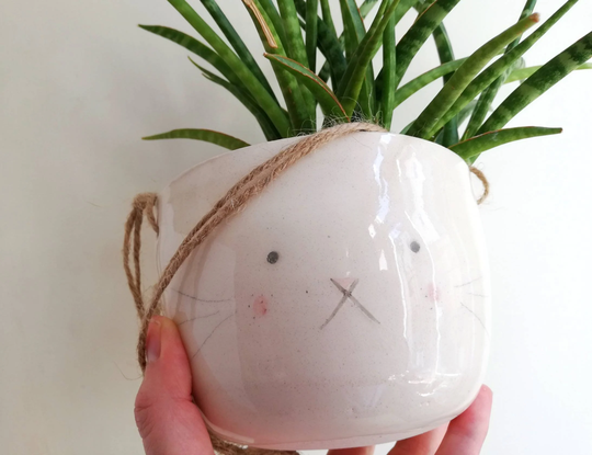 Ceramic Hanging Bunny Planter With Rabbit Face Handthrown Pottery Plant Pot Gift For Lover New Home Idea