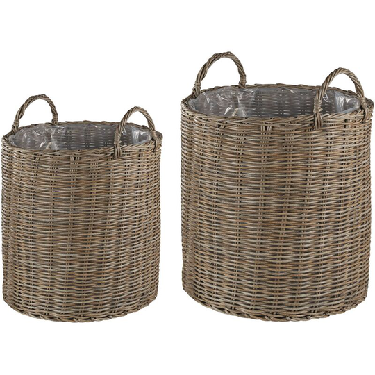Set of 2 Rattan Plant Baskets Brown with Synthetic Inlay and Handles Bitola - Brown