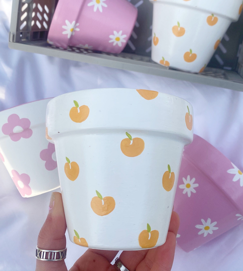 Hand Painted White Peach Design Indoor Plant Pot, Terracotta Planter, Flower Pot