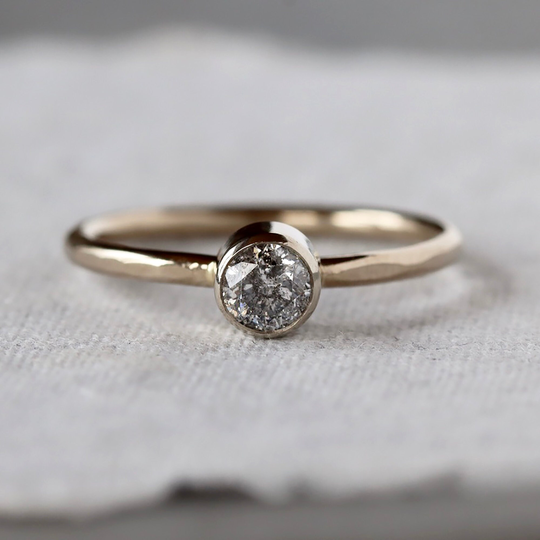 Salt & Pepper Diamond Ring - 14K Palladium White Gold Hammered Faceted Band Simple