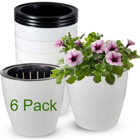 Self Watering Planter, 6.5 inch African Violet Pots, White Flower Plant Pot for Various Plants / Flowers / Herbs, Pack of 6