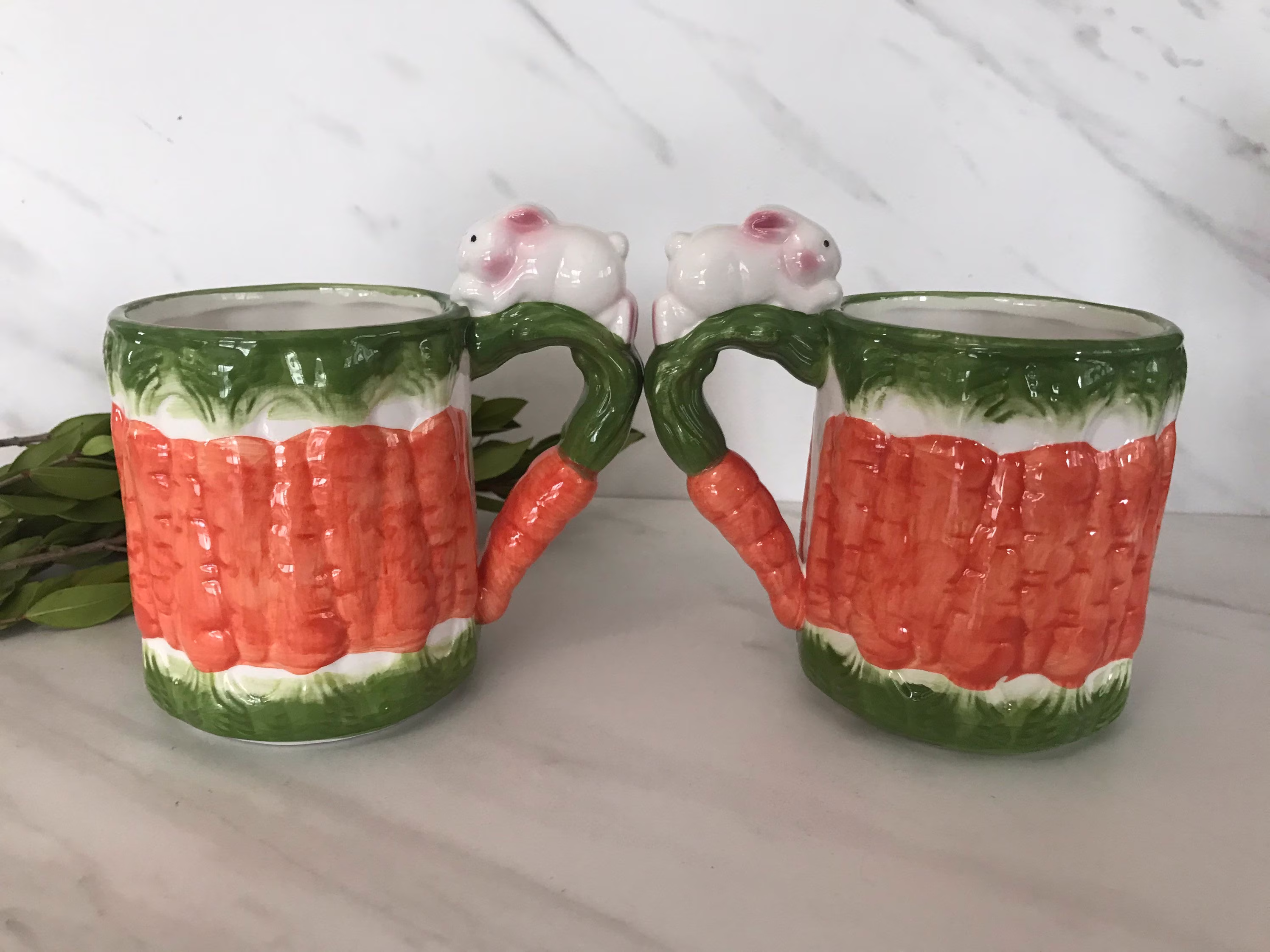 Vintage Ceramic Bunny Coffee Or Tea Mugs With Carrot Handle & Inside. Marked Taiwan Novelty 1970's. Set Of Two