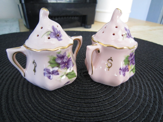 Leneige Porcelain Pink Sugar Bowl Salt & Pepper Shakers Rare Htf