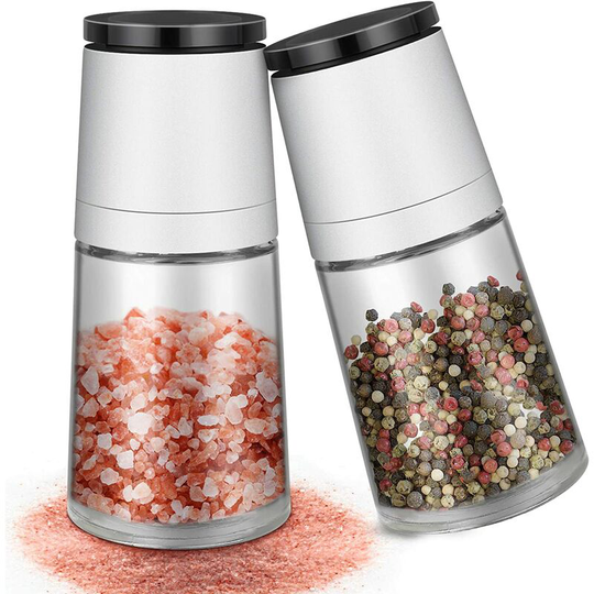 Osqi - Salt and Pepper Mill, 2-Piece Manual Salt and Pepper Mill Set Adjustable Grind Size Brushed Stainless Steel and Glass Grinders, White