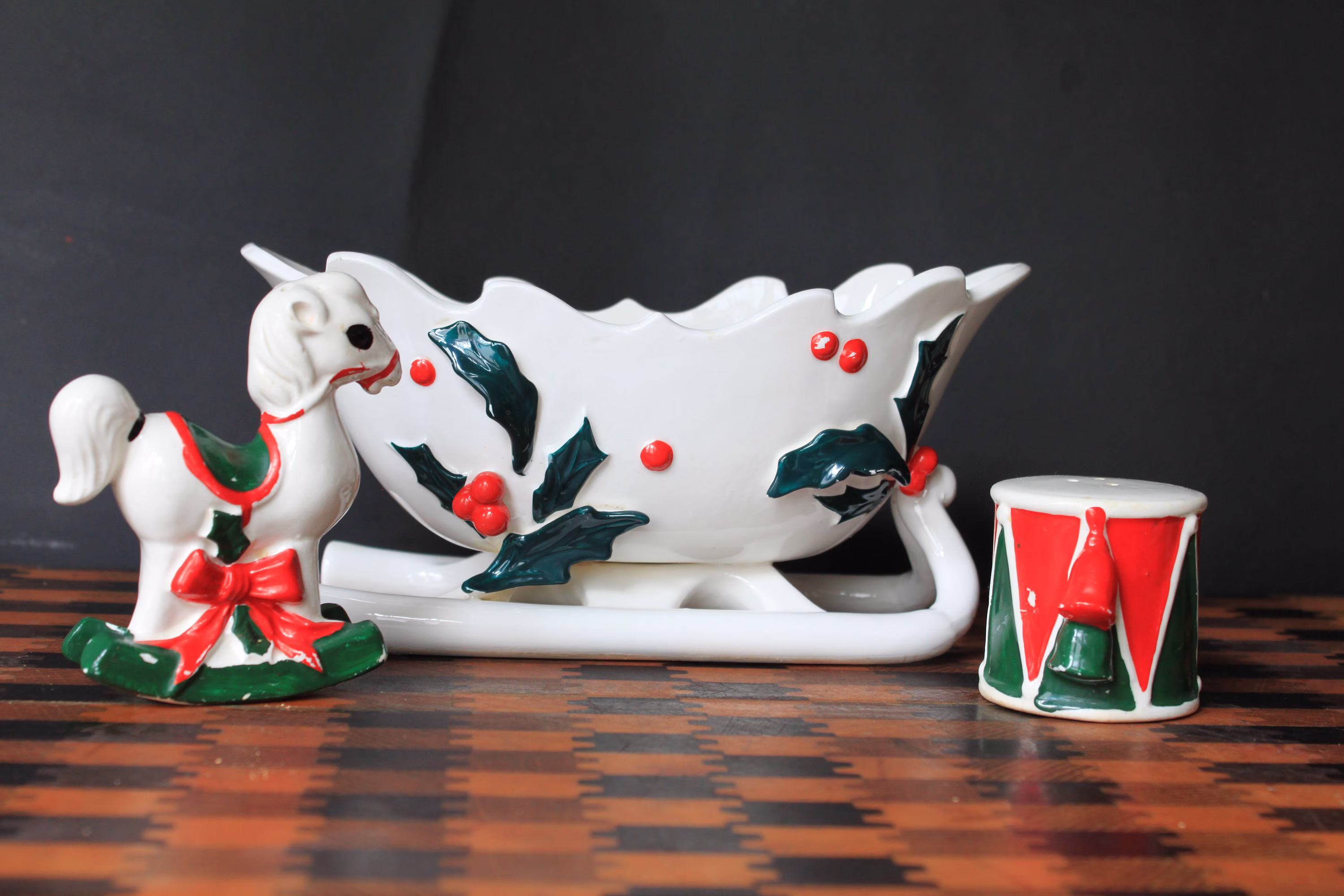 Lefton Christmas Gift Set For Vintage Holiday Table Decor. Holly Berry Sleigh With Rocking Horse & Drum Salt Pepper Shakers. Hostess