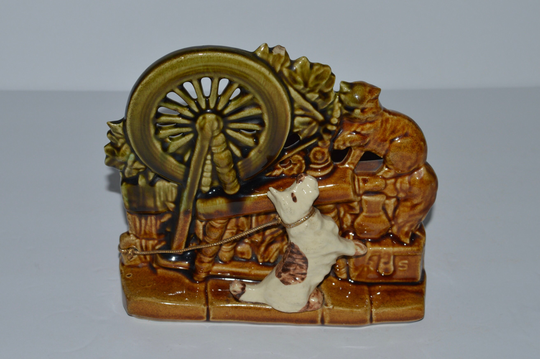 Mccoy Pottery Planter, Spinning Wheel, Vintage 1950S Green & Brown Glaze Mccoy, Wheel W Dog Cat