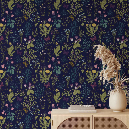 Navy Botanical Wallpaper | Wildflower Floral Removable Peel & Stick Self Adhesive Diy