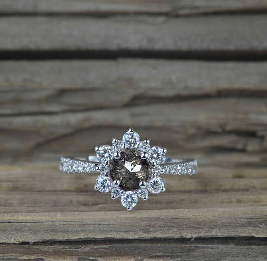 Salt & Pepper Diamond Engagement Ring | Round Galaxy Cluster Luxury in 9K/14K/18K Solid Rose Gold For Her