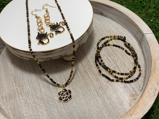 Gold Black Cat Seed Bead Necklace Bundle