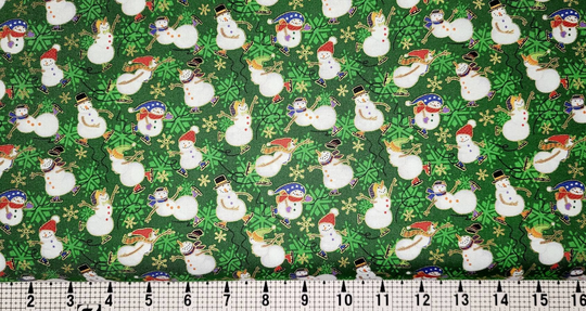 Fabri Quilt Seasons Greetings Snowmen On Green 103-22416 Fabric By The Yard/Piece