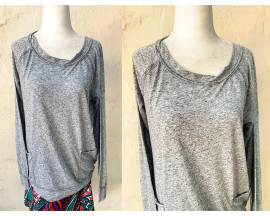Vintage Inspired Salt & Pepper Linen Blend Pullover Top With Front Pockets, M