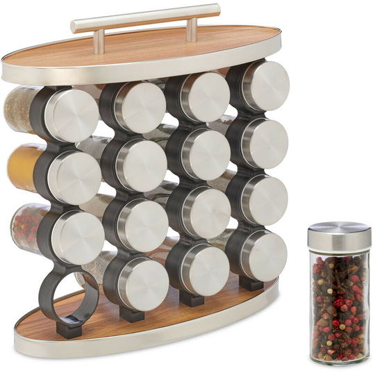Spice Rack, 16 Glass Jars, Stainless Steel, h x w x d: 29 x 28 x 12 cm, Silver/Natural - Relaxdays