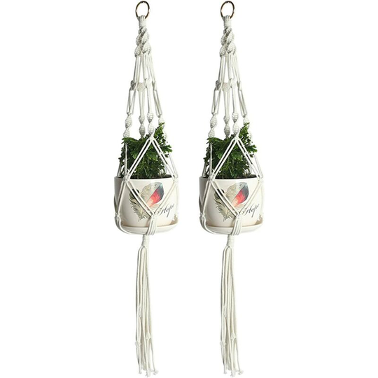 Set of 2 Macrame Plant Hangers, Handmade Cotton Rope Hanging Planters, Flower Pots Holder, Indoor Plant Hangers White