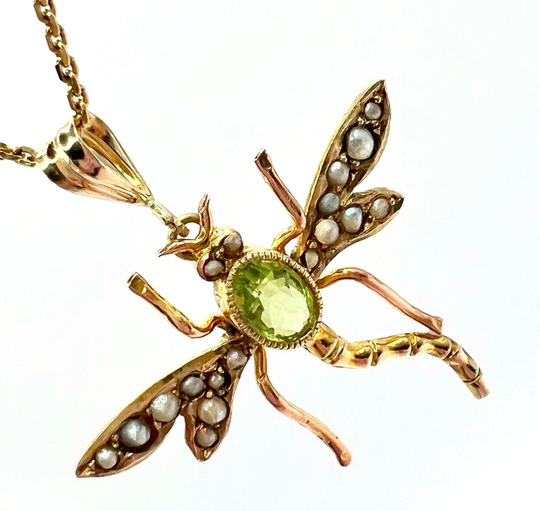 Victorian 9Ct Gold Peridot & Seed Pearl Dragonfly Pendant