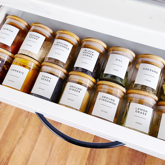 Glass Spice Jar With Personalised Waterproof Minimalist Label - 200Ml Airtight Natural Bamboo Lid