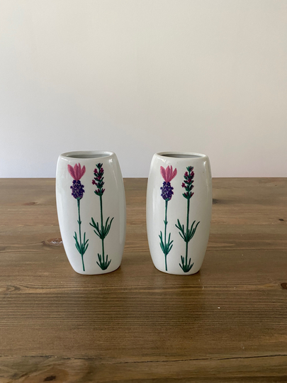 Pair Of Vintage White & Pink Purple Lavender Wall Mounted Vases Planters