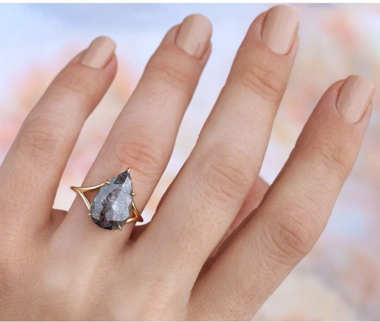 3.0 Ct Pear Salt & Pepper Diamond Ring Engagement Wedding Gift |Pear Solitaire Diamond For Her | Salt & Paper