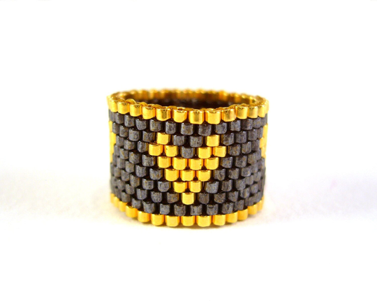 Gold Heart Ring, Seed Bead & Black Beaded Jewelry, UK Seller