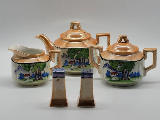 Royal Nippon Tea Set, Iridescent Copper & Blue Hand Painted Porcelain, Pot, Cream & Sugar Bowl, Salt & Pepper Shaker