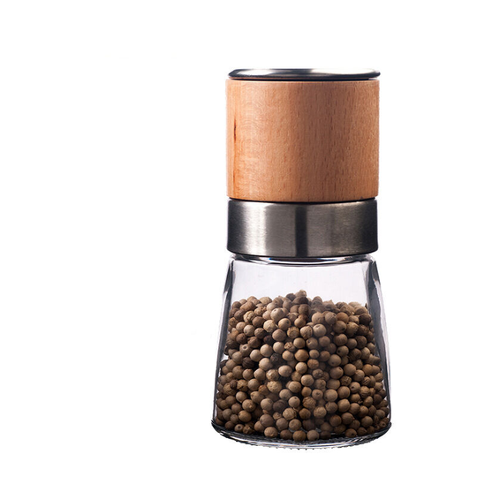 Salt and pepper set, wooden lids, adjustable coarseness, ceramic pepper mill, refillable glass salt mill