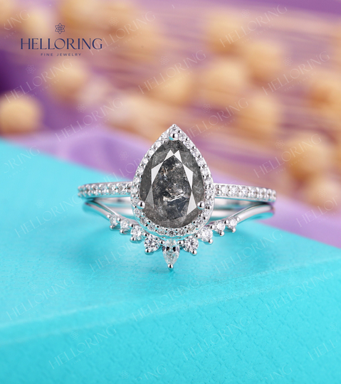 Vintage Salt & Pepper Diamond Engagement Ring Set Pear White Gold Moissanite Diamond Wedding Halo Anniversary Engagement
