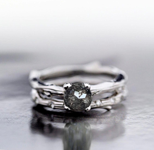 6mm Salt & Pepper Diamond Featuring Engagement Ring | Round Diamond Wedding Band Bridal Promise Set