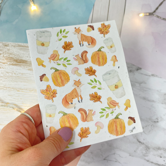 Plantable Greeting Card Fall Autumn Season, Forest, Leaves, Pumpkin. Wildflowers Seed Paper Cards. Eco Friendly Gift Idea, Blank Inside