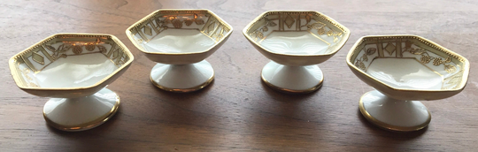 Antique Set Of 4 Hand Painted Nippon Hexagonal Pedestal Salt Dips Circa 1900