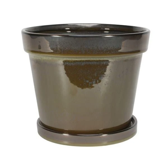 Painted Pot With Saucer Vintage Brown-stoneware | 20x17cm - Fast & Free UK Delivery