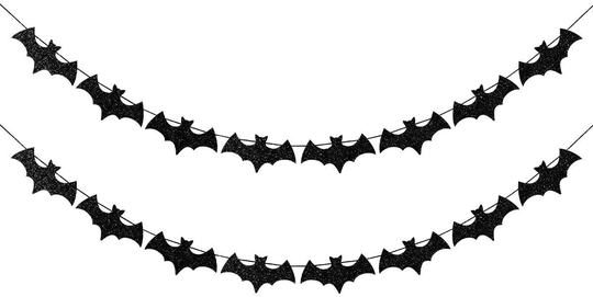 2 Pack Black Glittery Bat Halloween Garland/Banner Haunted House Decor Sign Holiday Season Indoor & Outdoor Party Supplies H004