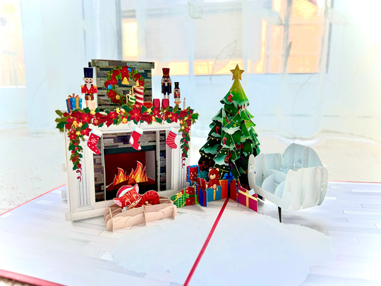 Fireplace Pop Up Card - Christmas Piano & Cat Tree Father Festive Season 3D Greeting