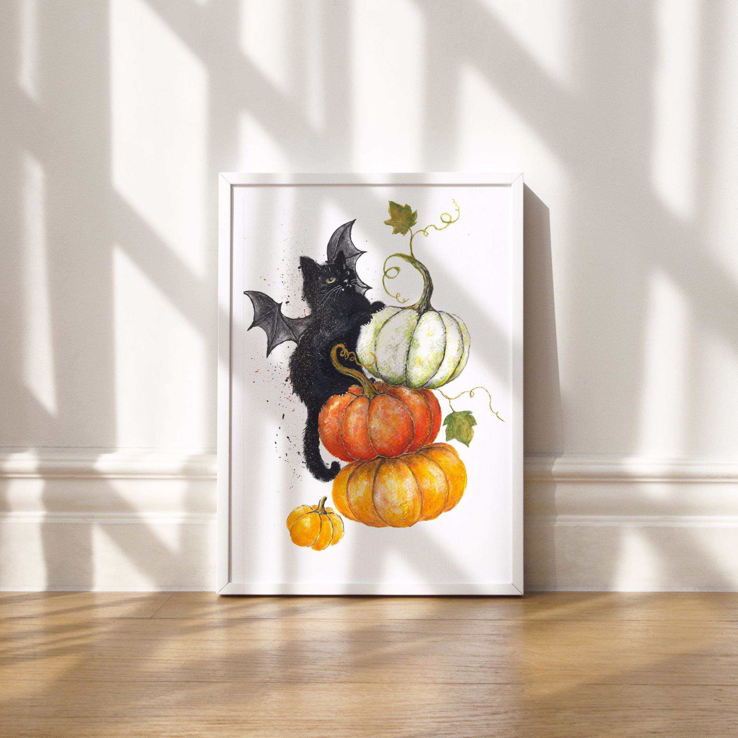 Pumpkin Art, Cat Halloween Print, Fall Season Decor, Colorful Pumpkins, Autumn Wall Black Bat Cat, With Wings