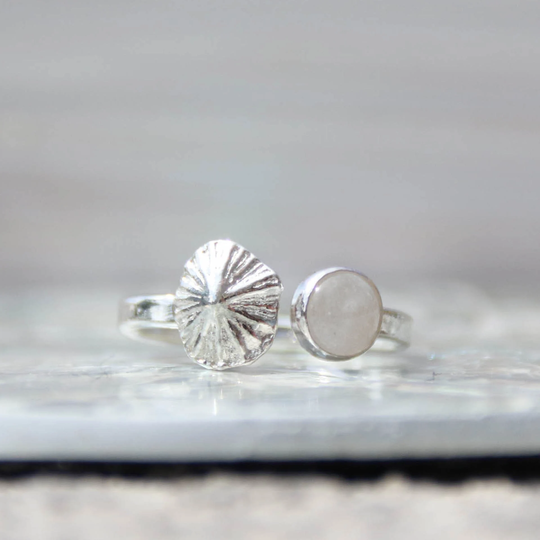 Salt & Spirit - Saltwater Souls Fine Silver | .999 Limpet Shell Cast & Moonstone Gemstone Adjustable Hammered Sterling Ring