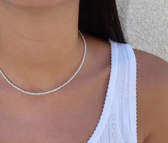 14K Seed Pearls Necklace, Tiny Seed Chocker Necklace, 14K Solid Gold Necklace, Anniversary Pearl Necklace Gift For Wife