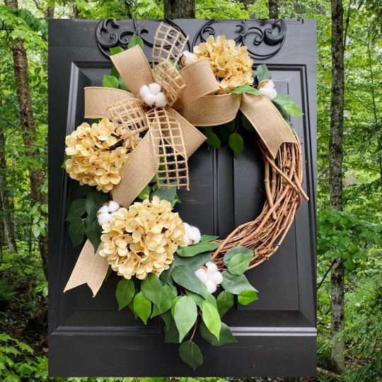 Cream Hydrangea Wreath, Farmhouse All Season Summer Spring Rustic Home Decor, Cotton Grapevine Wreaths
