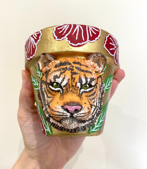 Hand Painted & Sculpted Tiger Plant Pot - Jungle Gold Gift Hand Fun