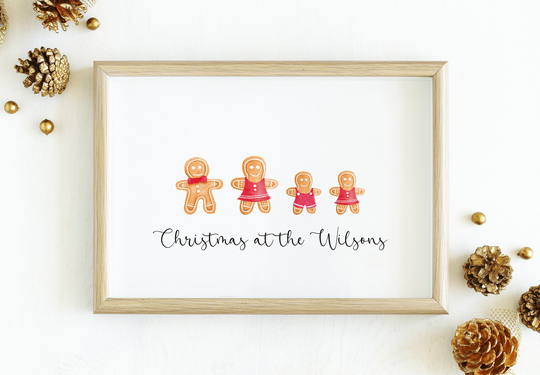 Gingerbread Family Print, Personalised Xmas Seasonal Decor, Christmas Decoration, Gifts, Wall Art