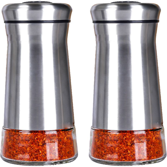 Salt and Pepper Shakers set - Spice Dispenser with Adjustable Pour Holes - Stainless Steel & Glass tapered