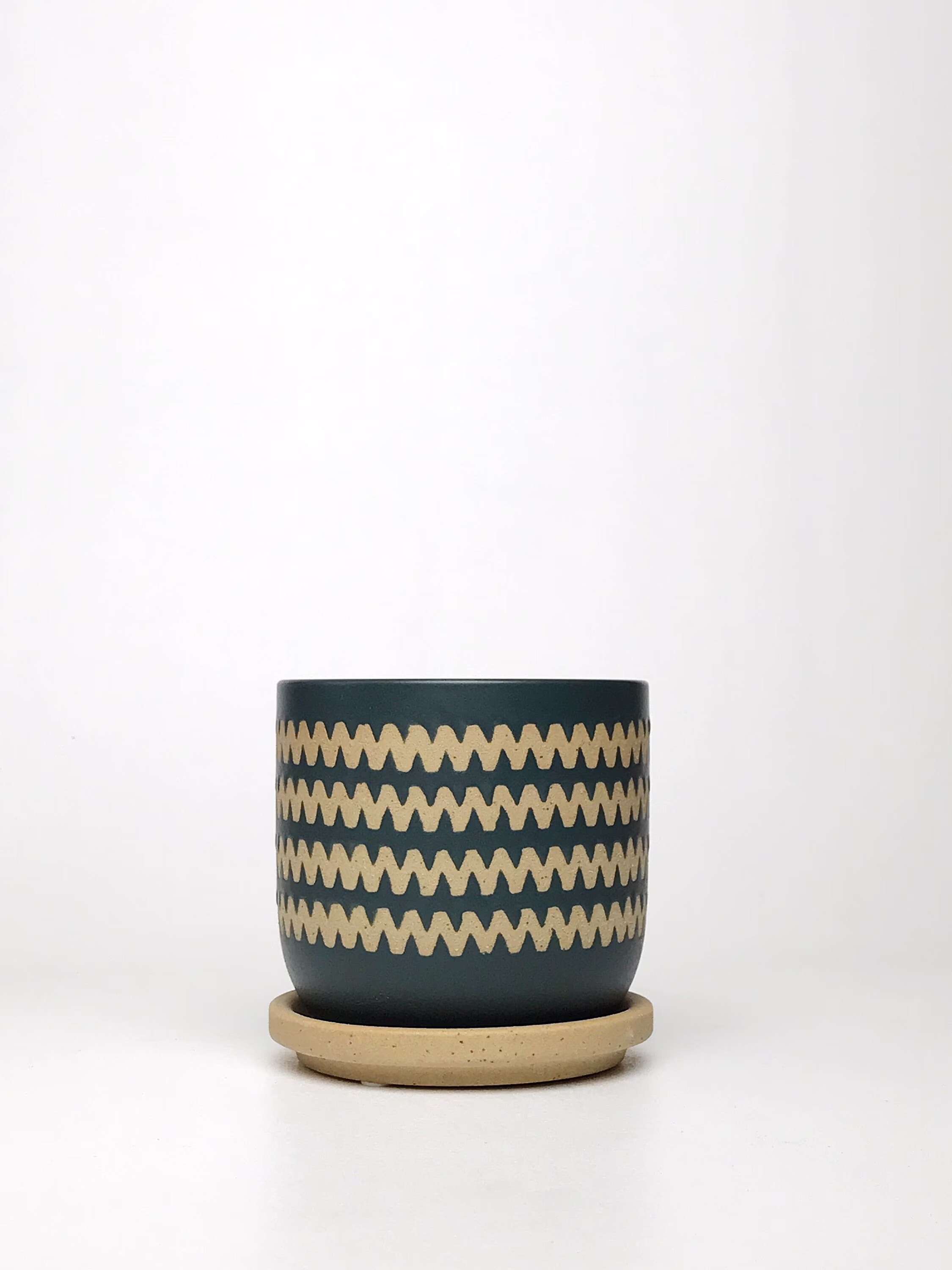 Satin Teal Planter with Raw Attached Drain Dish