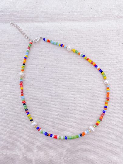 Colorful Seed Beaded Pearl Necklace | Trendy Preppy Dainty Summer