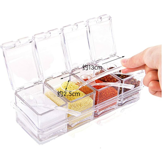 Aougo - Seasoning Box 4 Piece Acrylic Spice Rack Storage Container Condiment Jars Cruet with Cover and Spoon Kitchen Utensils Supplies(Crystal Clear)