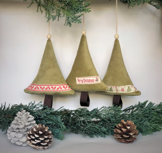 Set Of 3 Green Velvet Fabric Hanging Christmas Tree Decorations, Decor, Festive Room Tree, Season Decor