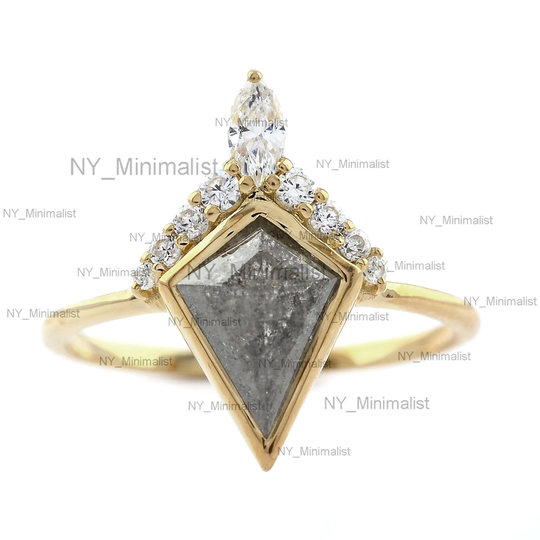 Gray Pepper Salt Diamond Ring, Solid 14K Yellow Gold Handmade Delicate Jewelry, Wedding Band, Stackable Ring