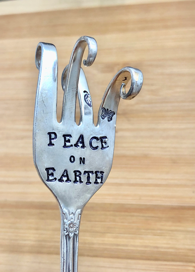 Peace On Earth Hand Stamped Flower Pot Marker, Silver Plate Fork, Curled Plant Marker Sign, Butterfly Stamp