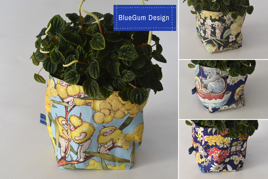 May Gibbs Fabric Pot Plant Holder, Storage Basket, House Warming Gift, Waterproof Lining - Bluegum Deisgn