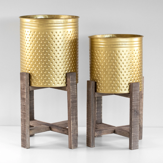 Gold Metal Indoor House Plant Pot Cover Wooden Stand Riser Rack Display Decor