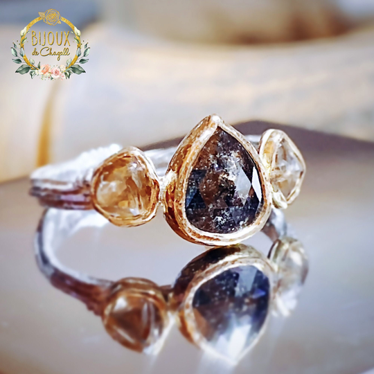 Pear Salt & Pepper & Champagne Rough Diamonds Twig Engagement Ring in 22Ct Solid Gold 9Ct White Or Silver Band
